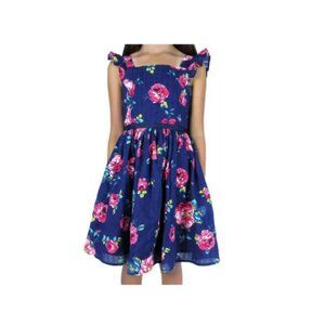 Zunie Girls A-Line Cotton Dress Ruffled Sleeves Waist Detail Blue Floral L 10/12